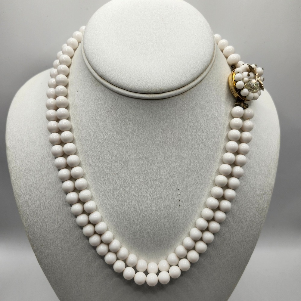 Vintage Japan White Milk Glass Double Strand Bead Necklace Floral Clasp GoldTone